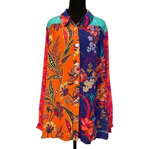 Soft Surroundings Womens 1X Colorful Floral Print Patchwork Long Sleeve Shirt